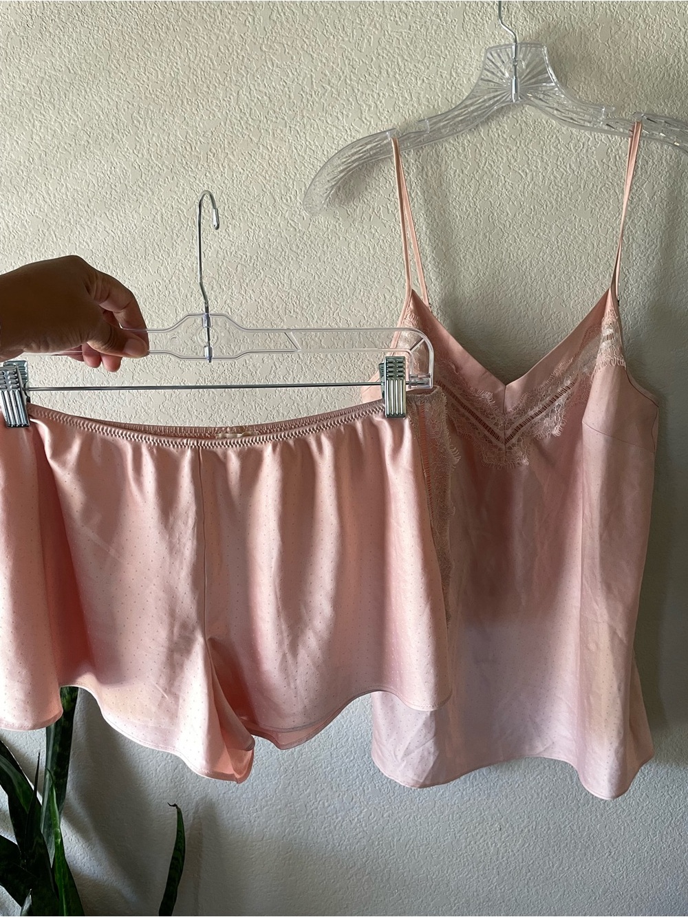 Oysho Light Pink Satin Lace-Trim Cami & Shorts Sleep Set